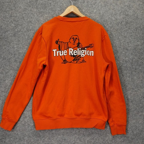 True Religion Sweatshirt Men Large Burnt Orange Logo Buddha Horseshoe Streetwear - Picture 1 of 13